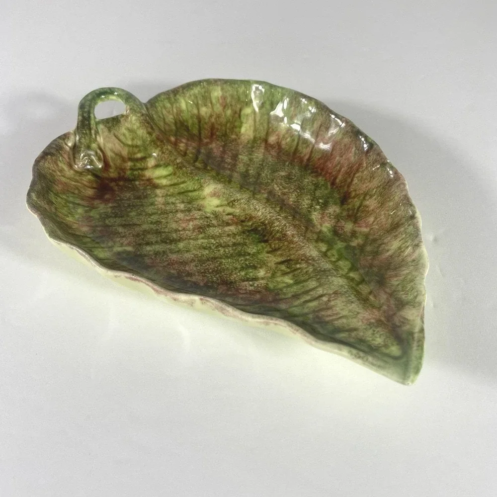 Vintage Jamieson's‎ California Pottery Leaf Dish Green Burgundy Glazed Ceramic
